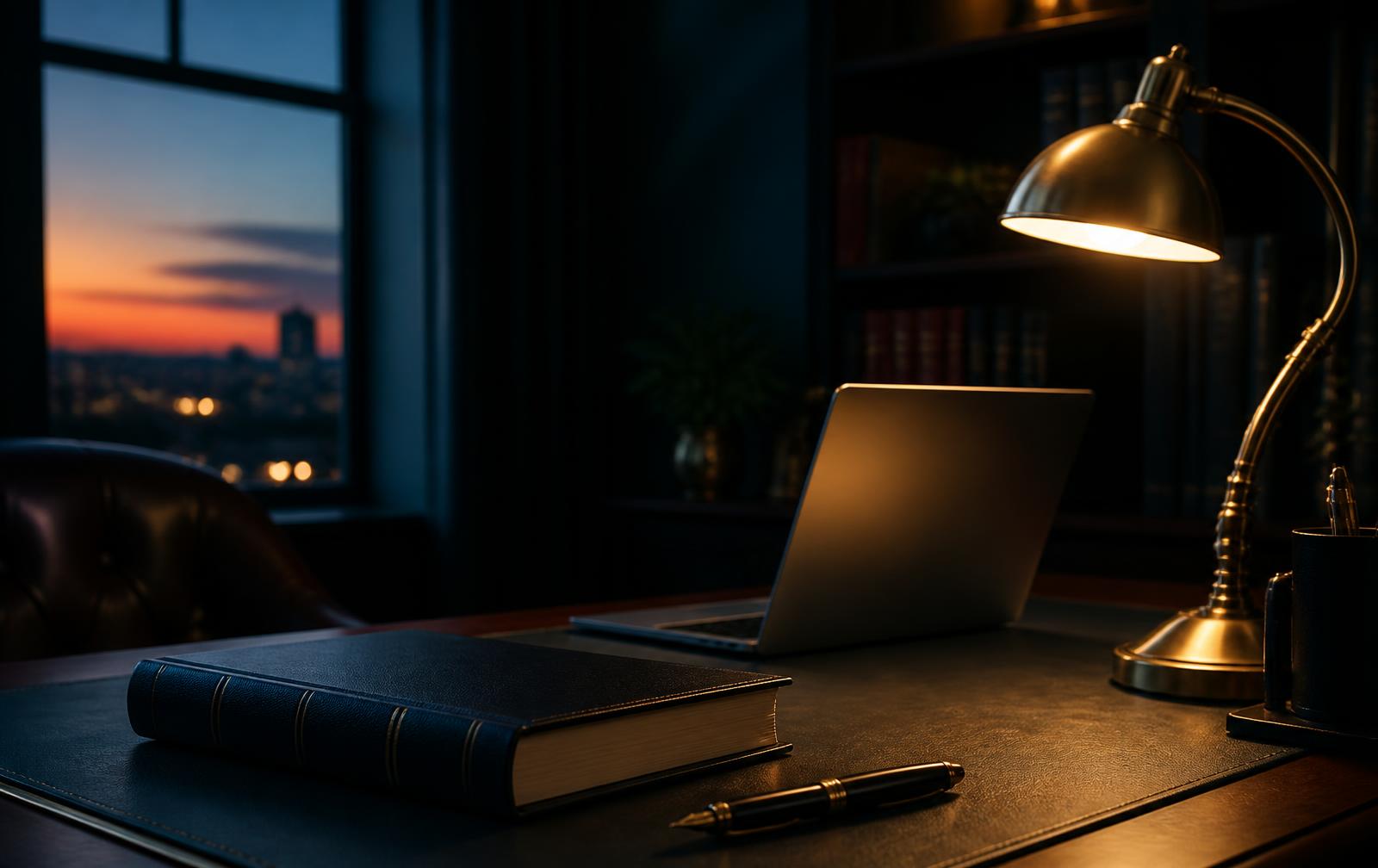 Mesa de trabalho de um advogado autônomo ao anoitecer, com código legal, notebook e luminária